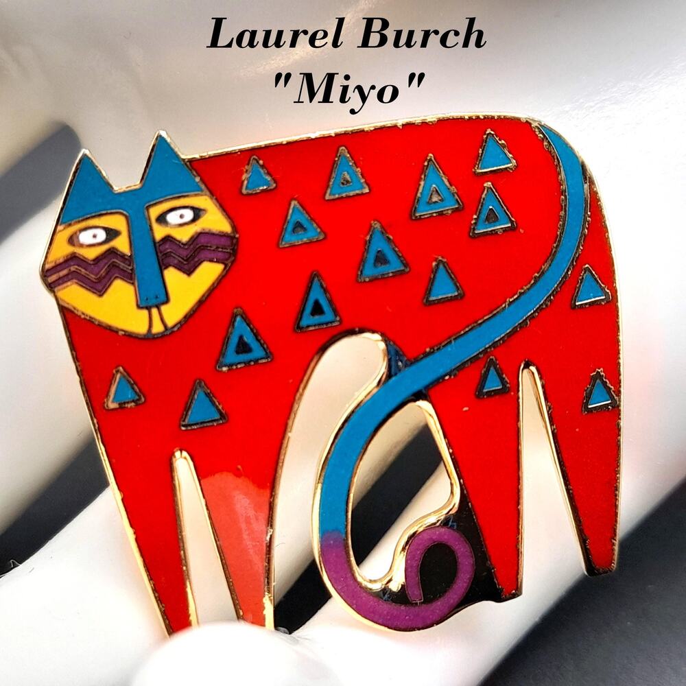 Laurel Burch "Miyo" Red Cat Brooch, Cloisonne Enamel, Gold Plated, 1980s Vintage